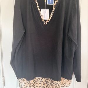 Elegant Black V-Neck Blouse with Leopard Trim